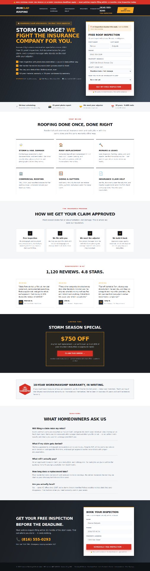 Ironclad Roofing landing page designed by BusyBee