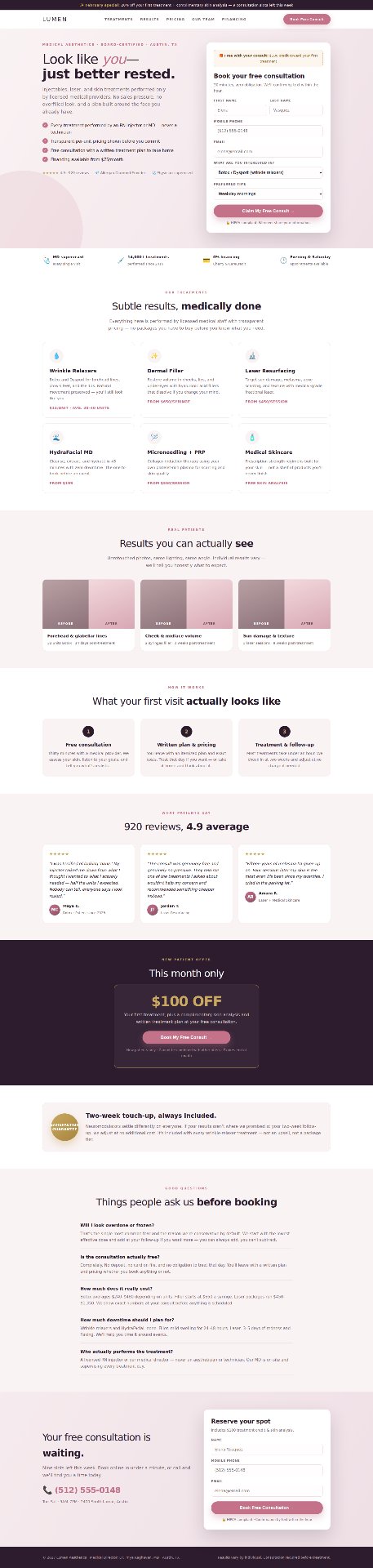 Lumen Aesthetics landing page designed by BusyBee