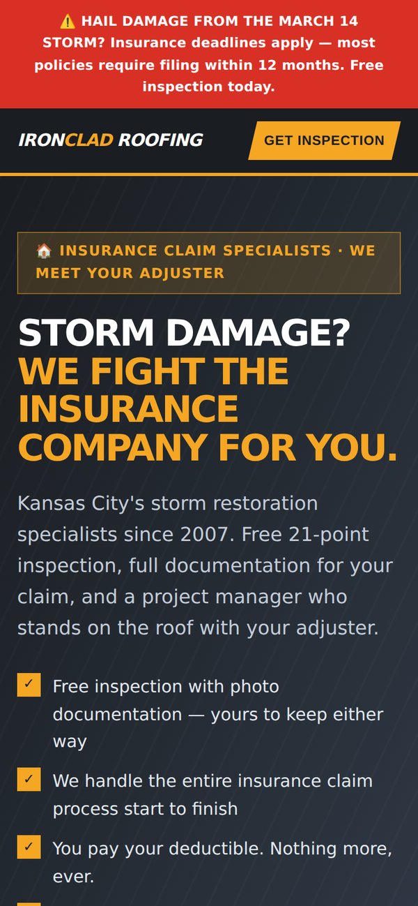 Ironclad Roofing landing page on mobile