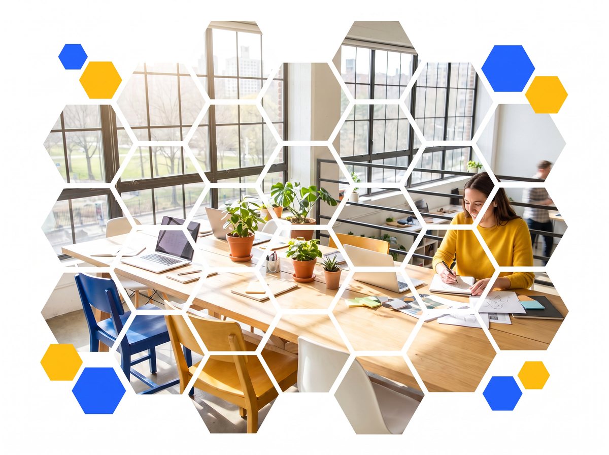 A single focused worker at a long communal table with empty seats around them, golden-hour light