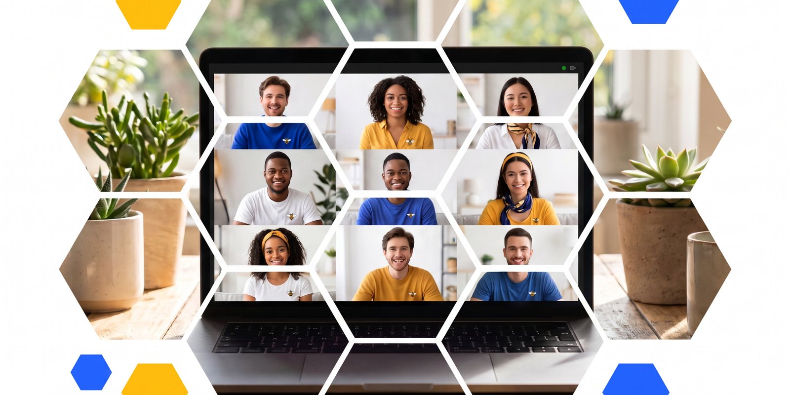 A laptop screen showing a video call grid of teammates in their home workspaces